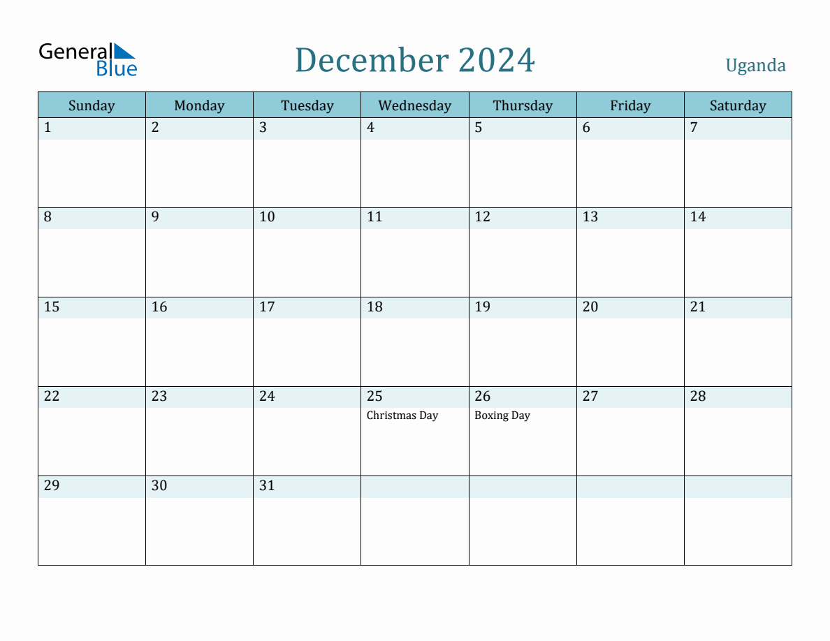 Uganda Holiday Calendar for December 2024