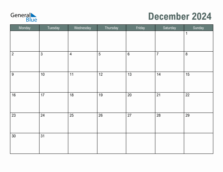 Free Printable December 2024 Calendar