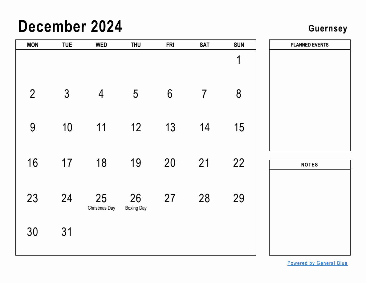 December 2024 Planner With Guernsey Holidays