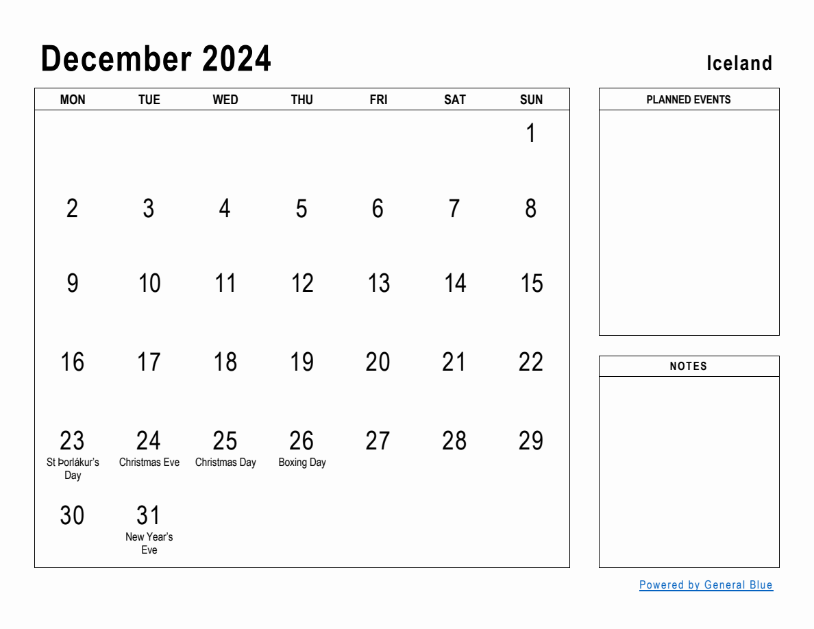 December 2024 Planner with Iceland Holidays