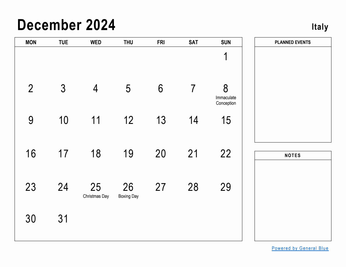 December 2024 Planner with Italy Holidays