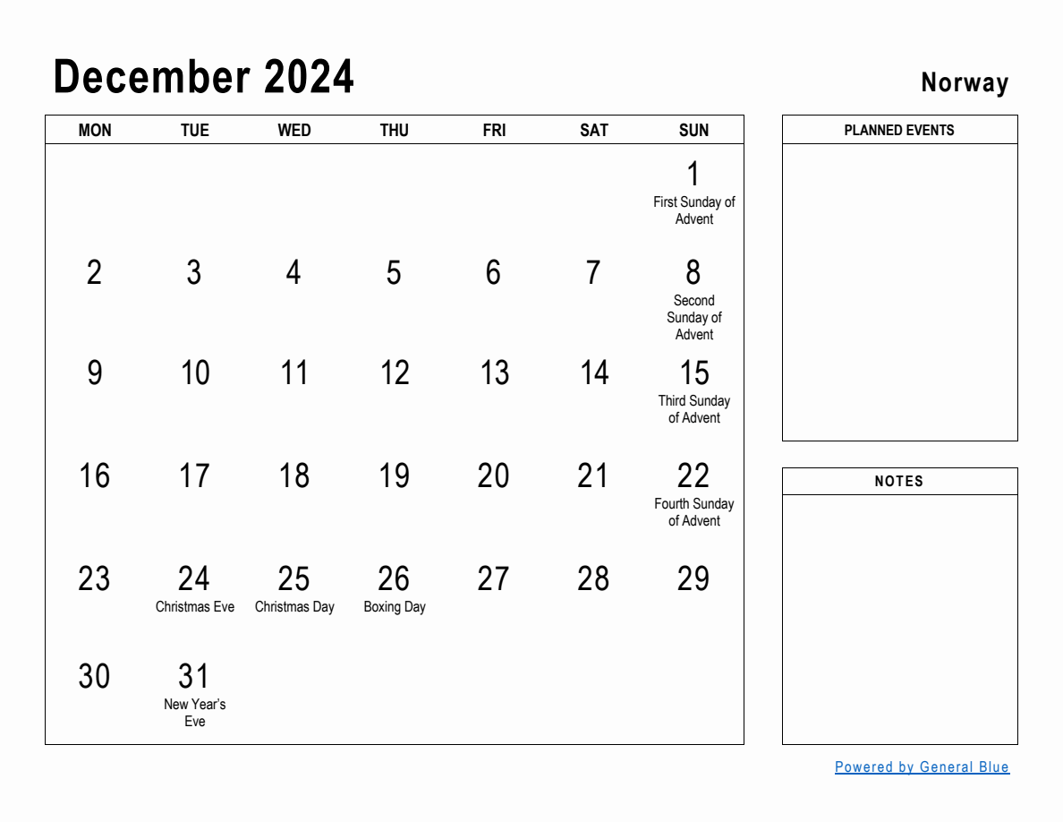 December 2024 Planner with Norway Holidays