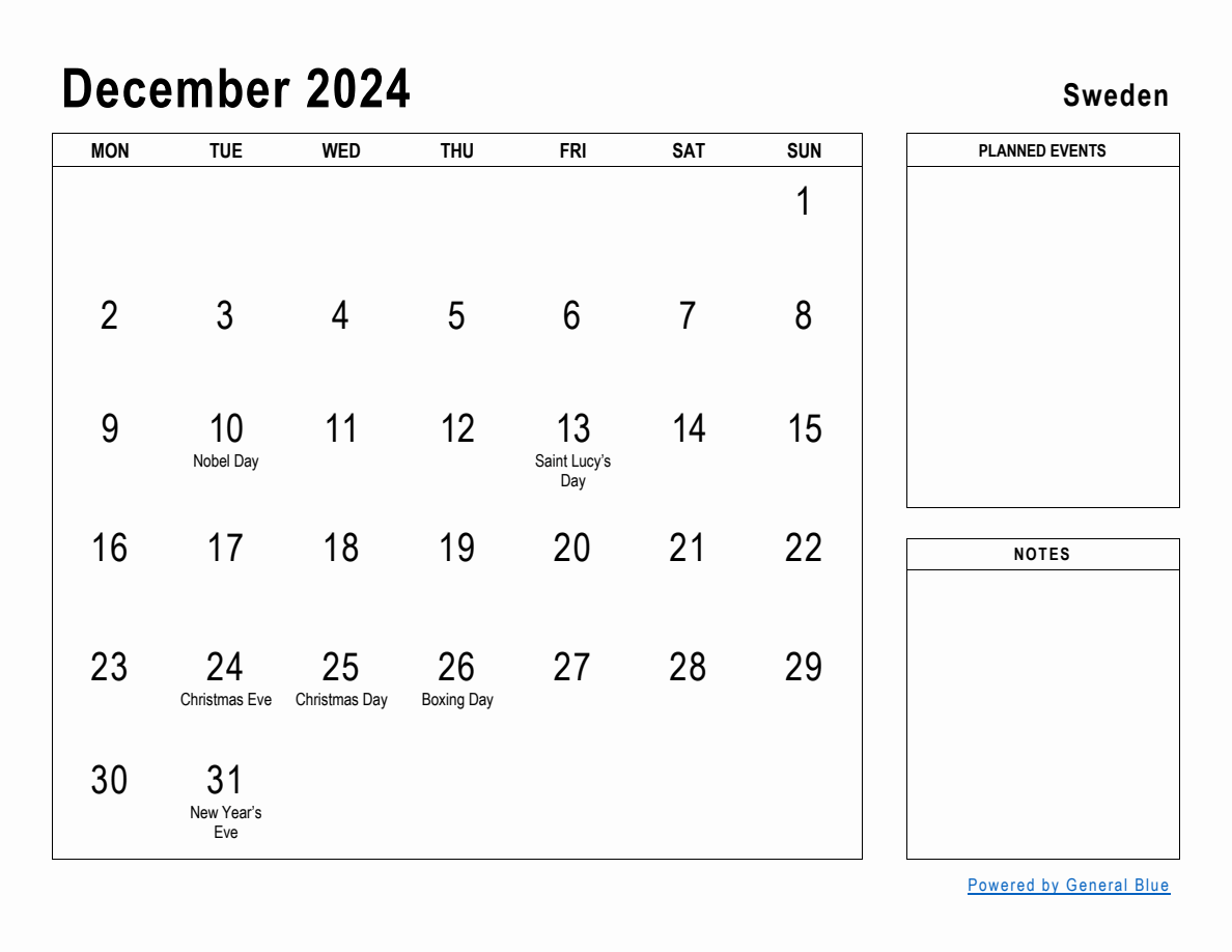 December 2024 Planner with Sweden Holidays