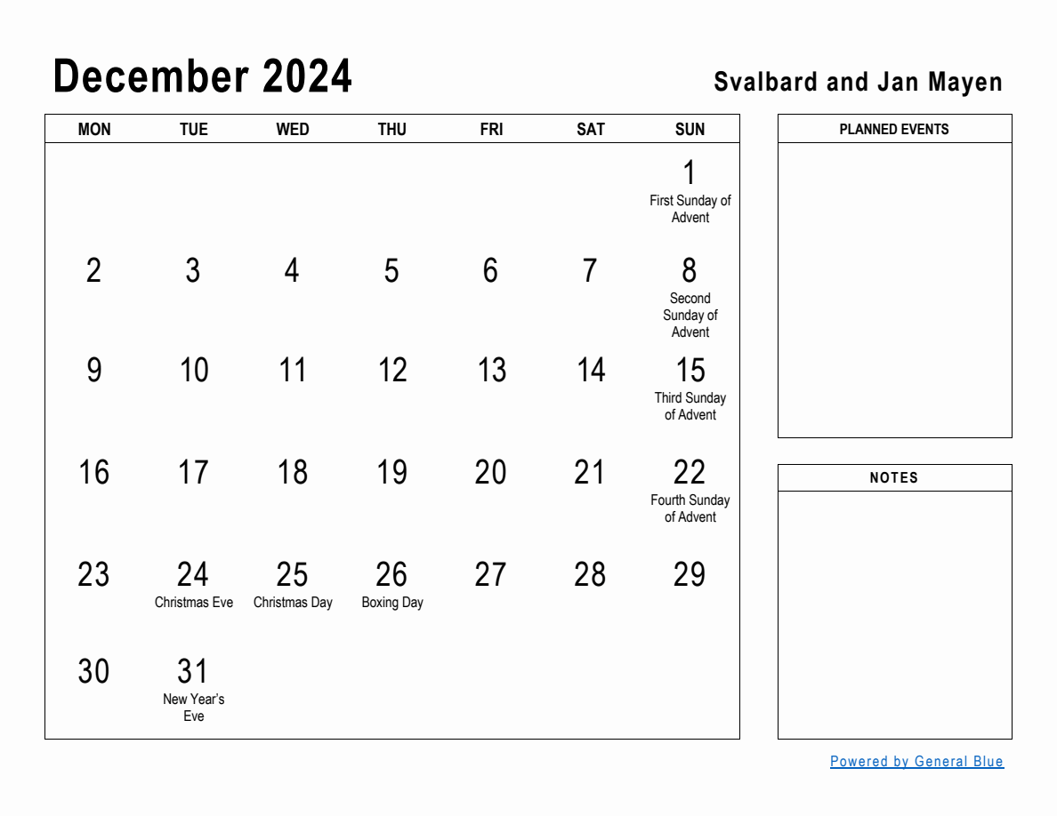 December 2024 Planner with Svalbard and Jan Mayen Holidays