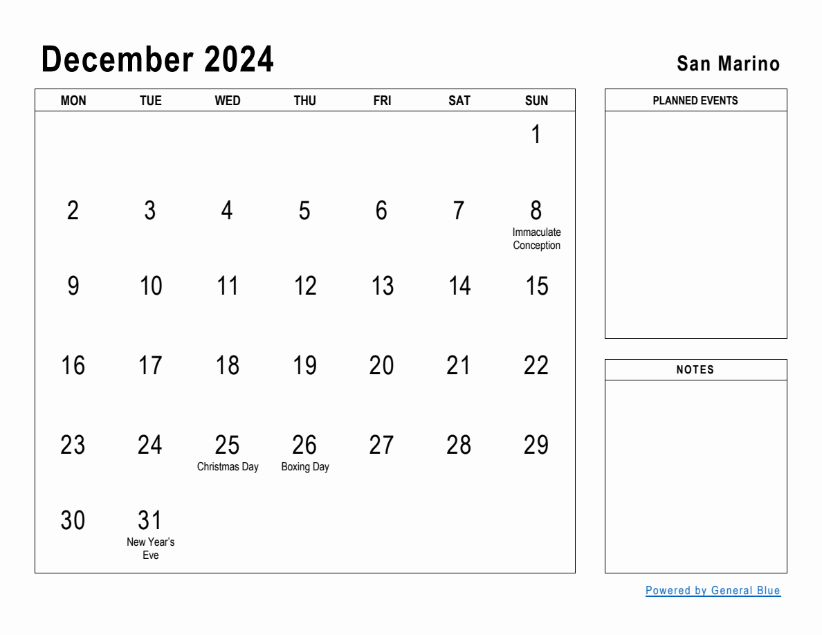 December 2024 Planner with San Marino Holidays