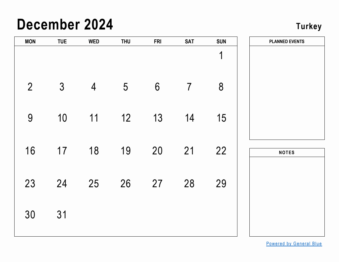 December 2024 Planner with Turkey Holidays