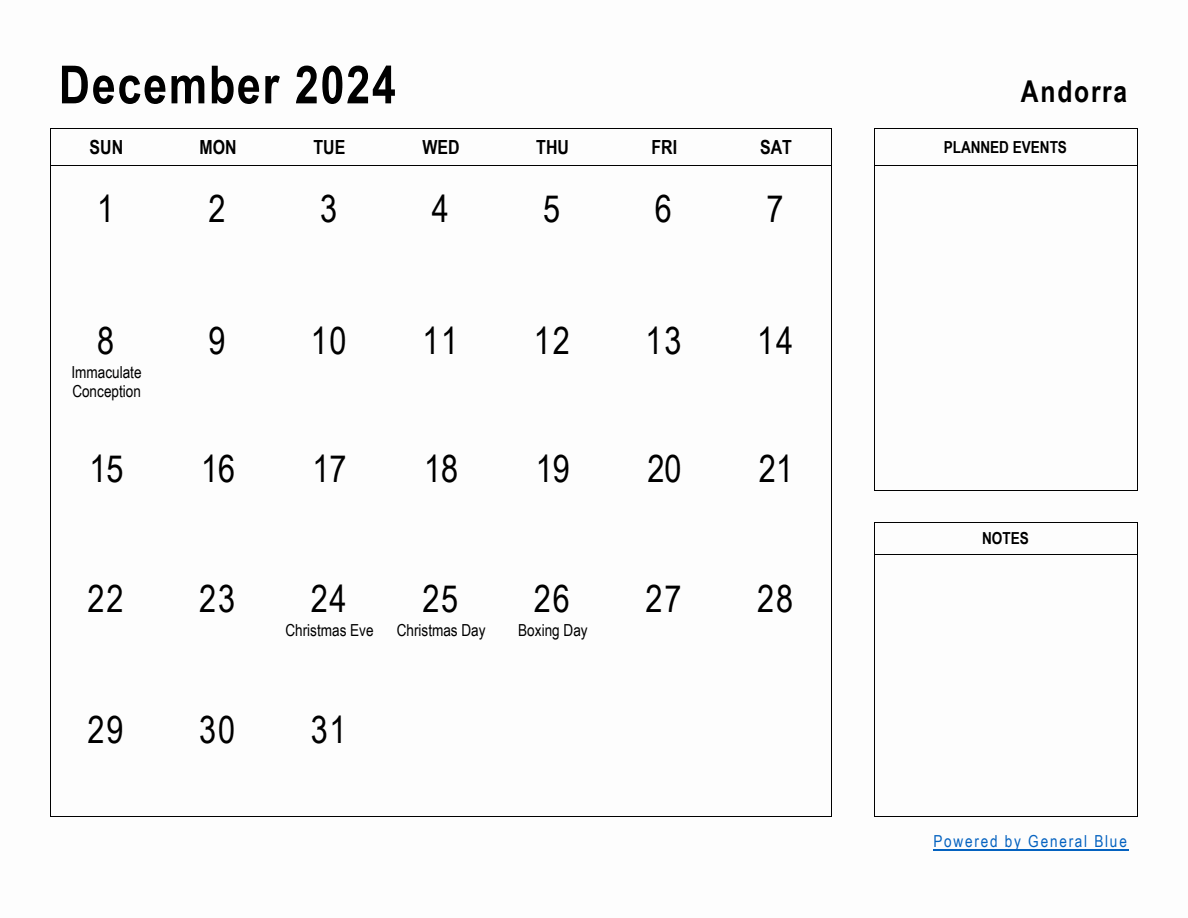 December 2024 Planner with Andorra Holidays