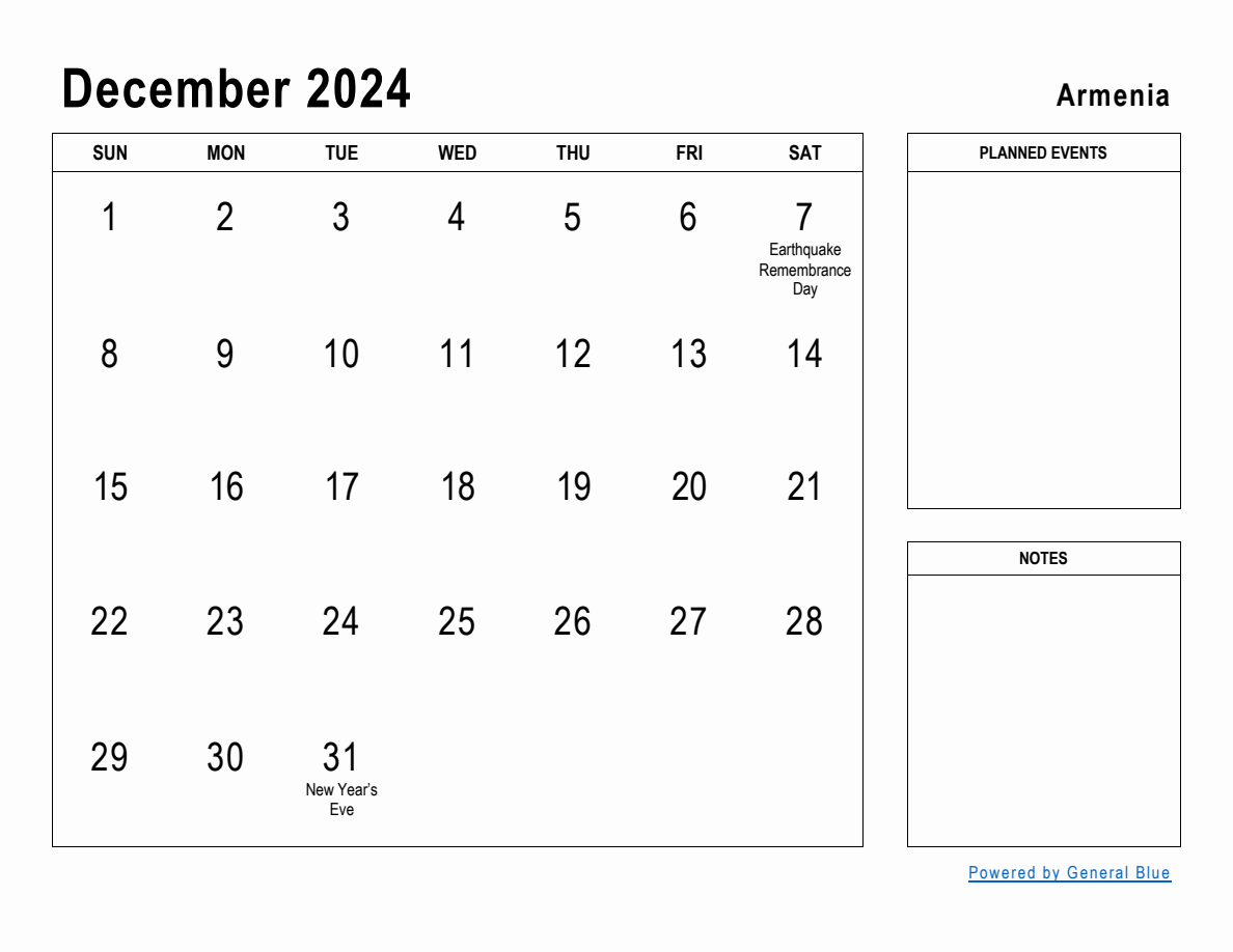 December 2024 Planner with Armenia Holidays