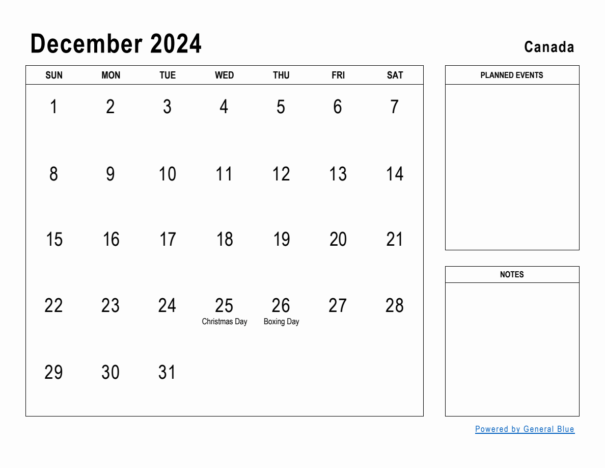 December 2024 Planner with Canada Holidays