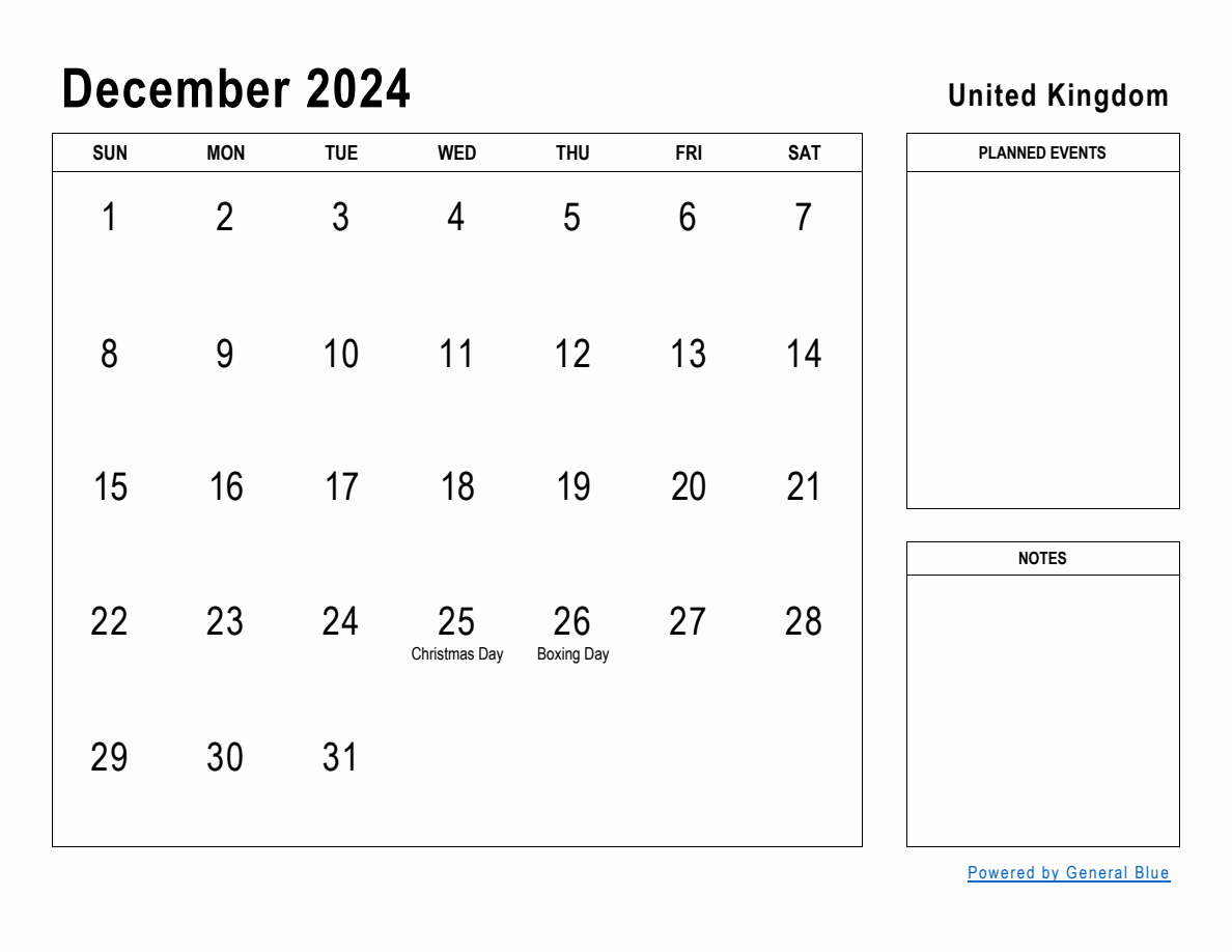 December 2024 Planner with United Kingdom Holidays