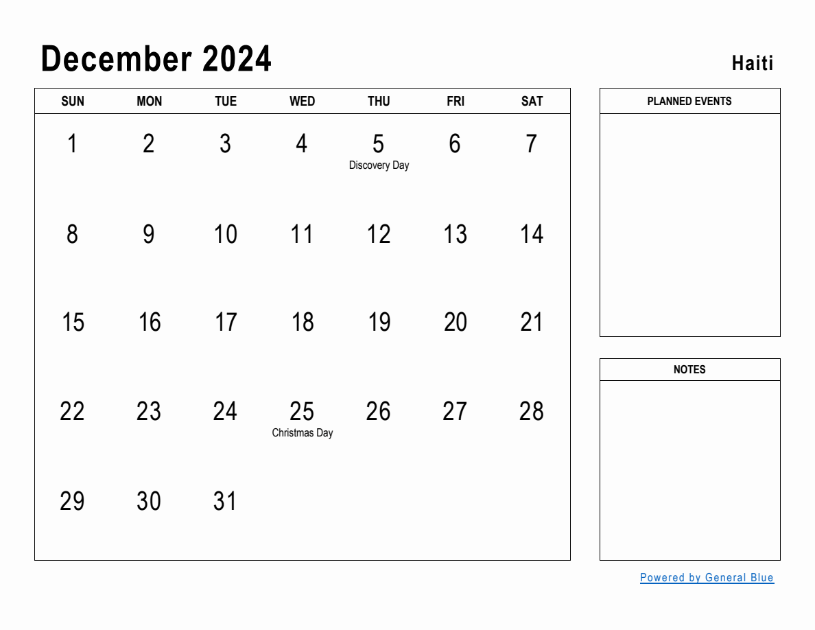 December 2024 Planner with Haiti Holidays