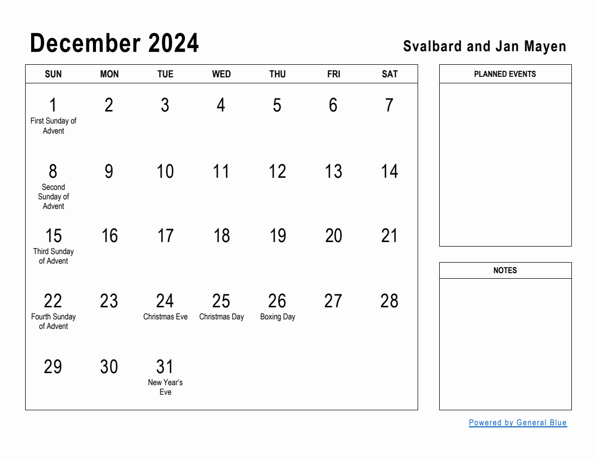 December 2024 Planner with Svalbard and Jan Mayen Holidays