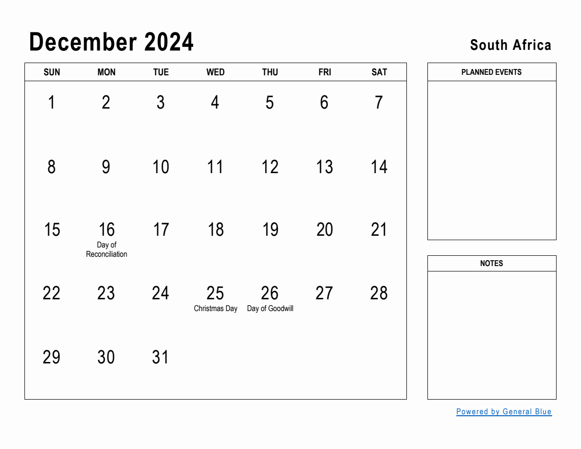 December 2024 Planner with South Africa Holidays