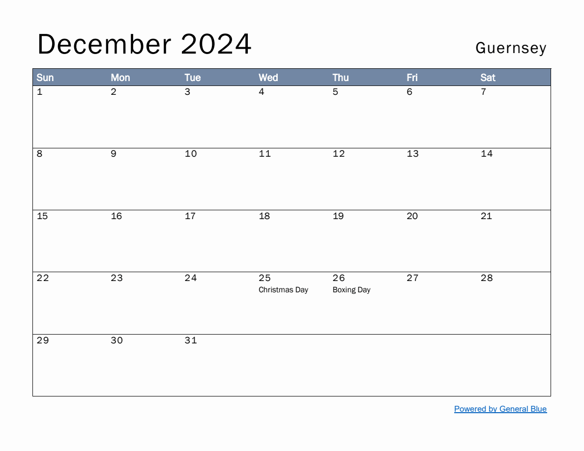 Free Monthly Calendar Template For December 2024 With Guernsey Holidays