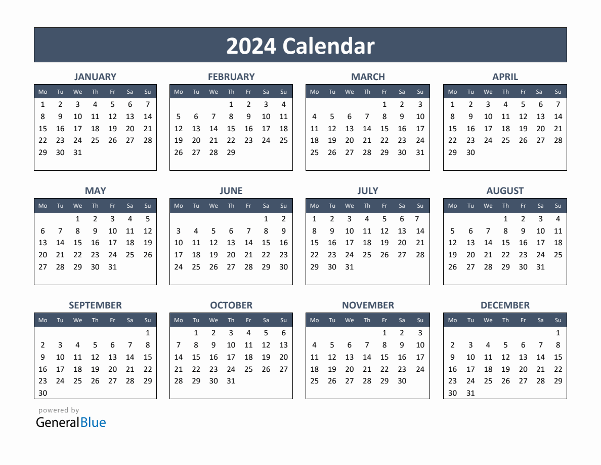 Basic Annual Calendar for Year 2024