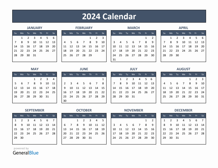 Basic Annual Calendar for Year 2024