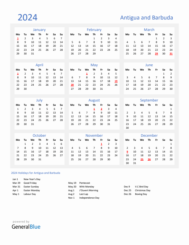 Basic Yearly Calendar with Holidays in Antigua and Barbuda for 2024 