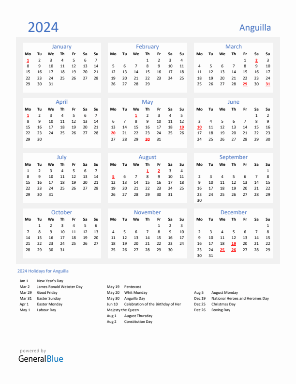 Basic Yearly Calendar with Holidays in Anguilla for 2024 