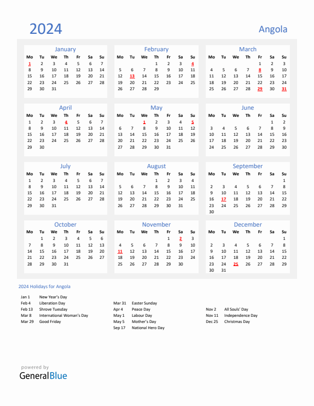 Basic Yearly Calendar with Holidays in Angola for 2024 