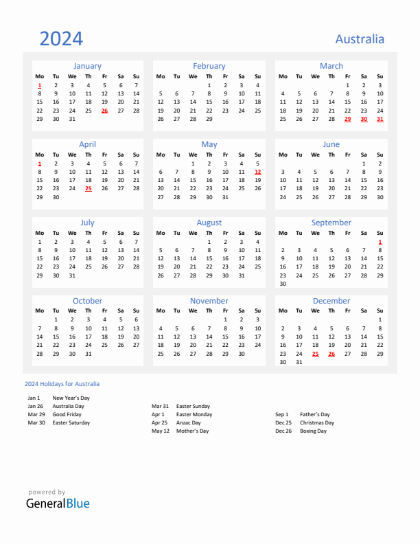 Basic Yearly Calendar with Holidays in Australia for 2024 