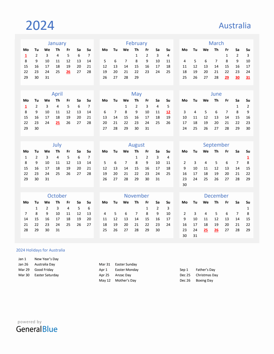 Basic Yearly Calendar with Holidays in Australia for 2024