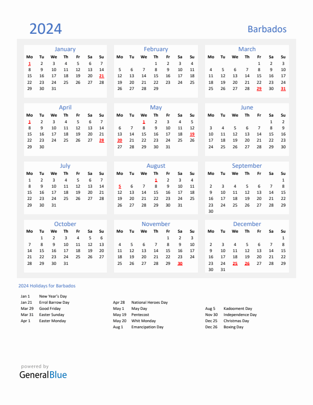 Basic Yearly Calendar with Holidays in Barbados for 2024 