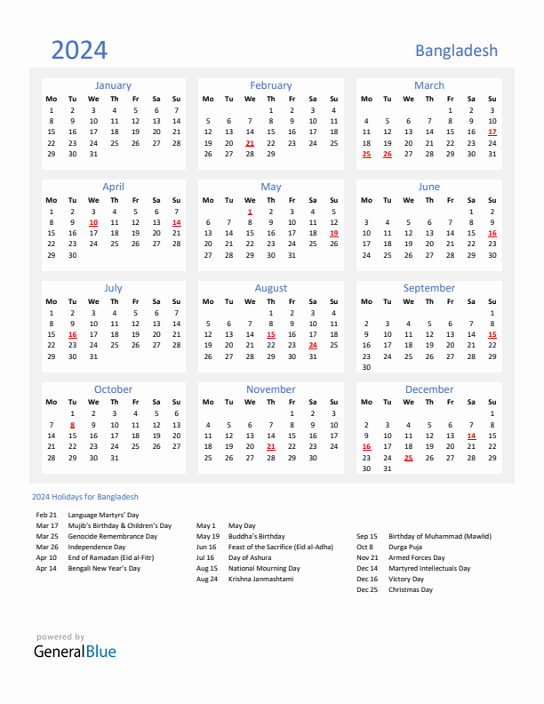 Basic Yearly Calendar with Holidays in Bangladesh for 2024 