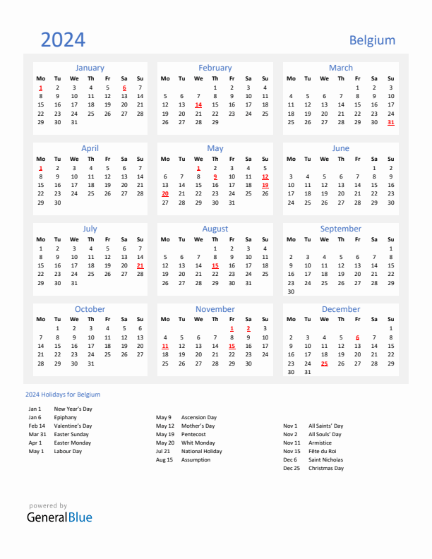Basic Yearly Calendar with Holidays in Belgium for 2024 