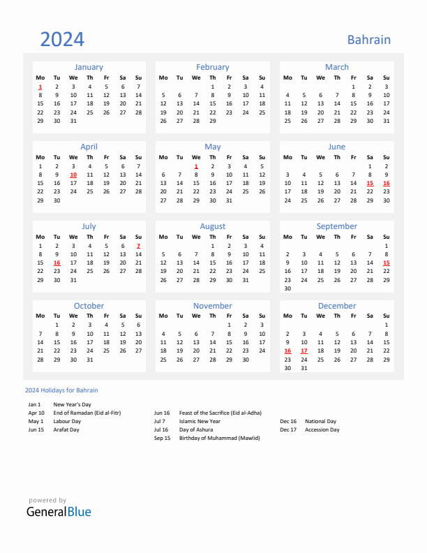 Basic Yearly Calendar with Holidays in Bahrain for 2024 