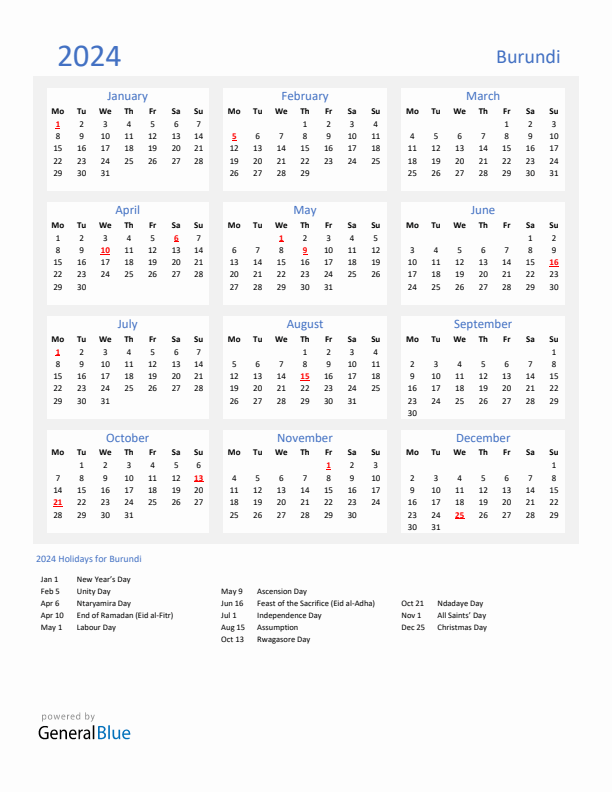 Basic Yearly Calendar with Holidays in Burundi for 2024 