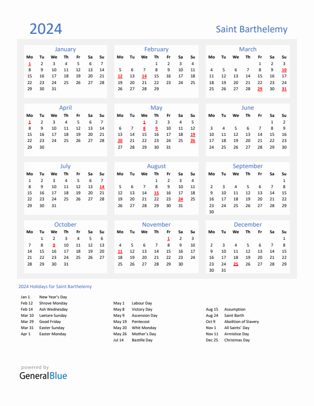 Basic Yearly Calendar with Holidays in Saint Barthelemy for 2024 
