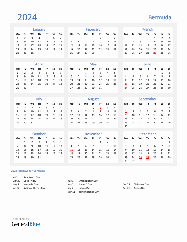 Basic Yearly Calendar with Holidays in Bermuda for 2024 