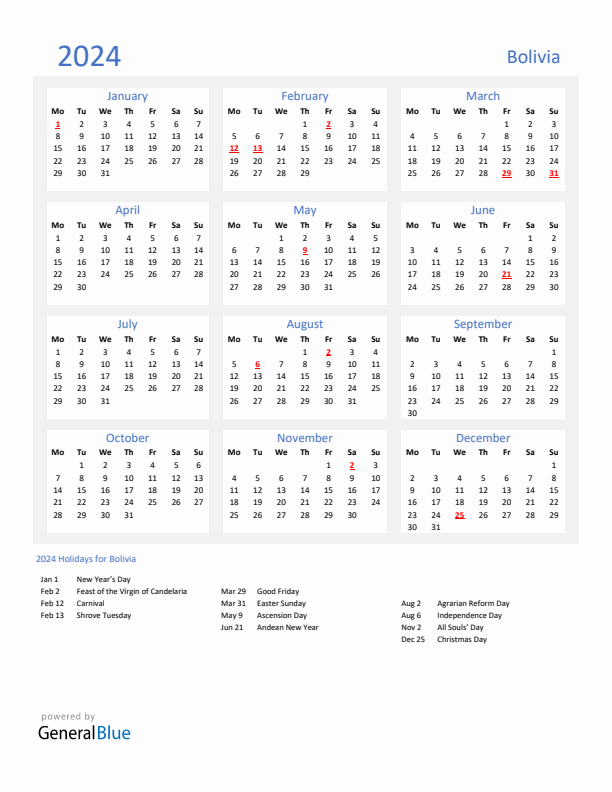 Basic Yearly Calendar with Holidays in Bolivia for 2024 