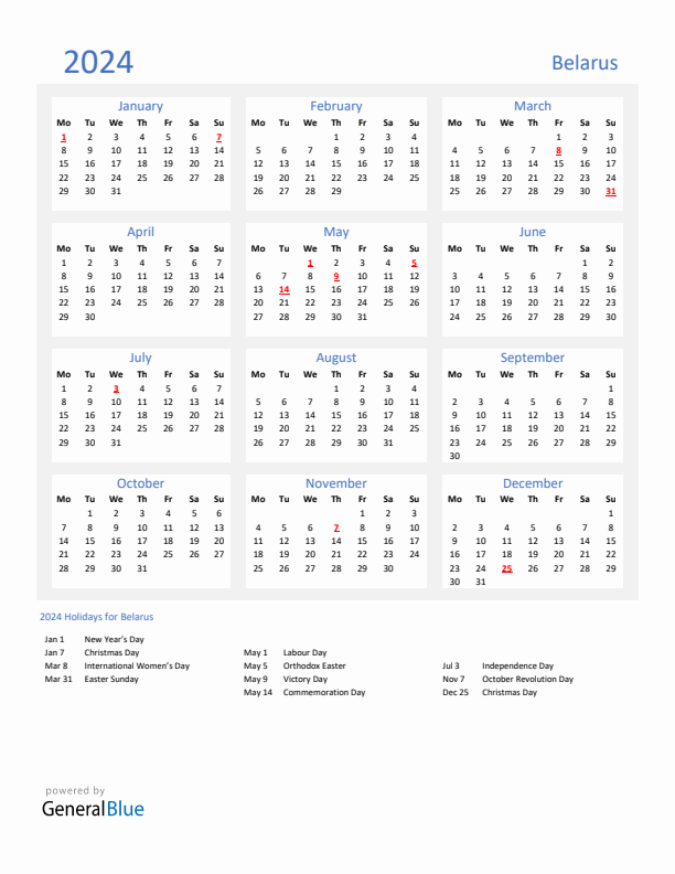 Basic Yearly Calendar with Holidays in Belarus for 2024 