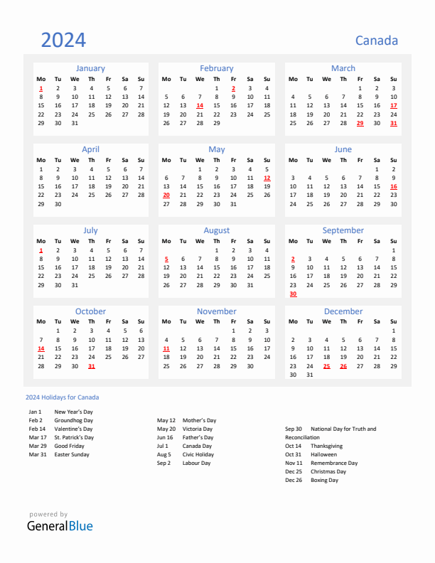 Basic Yearly Calendar with Holidays in Canada for 2024 