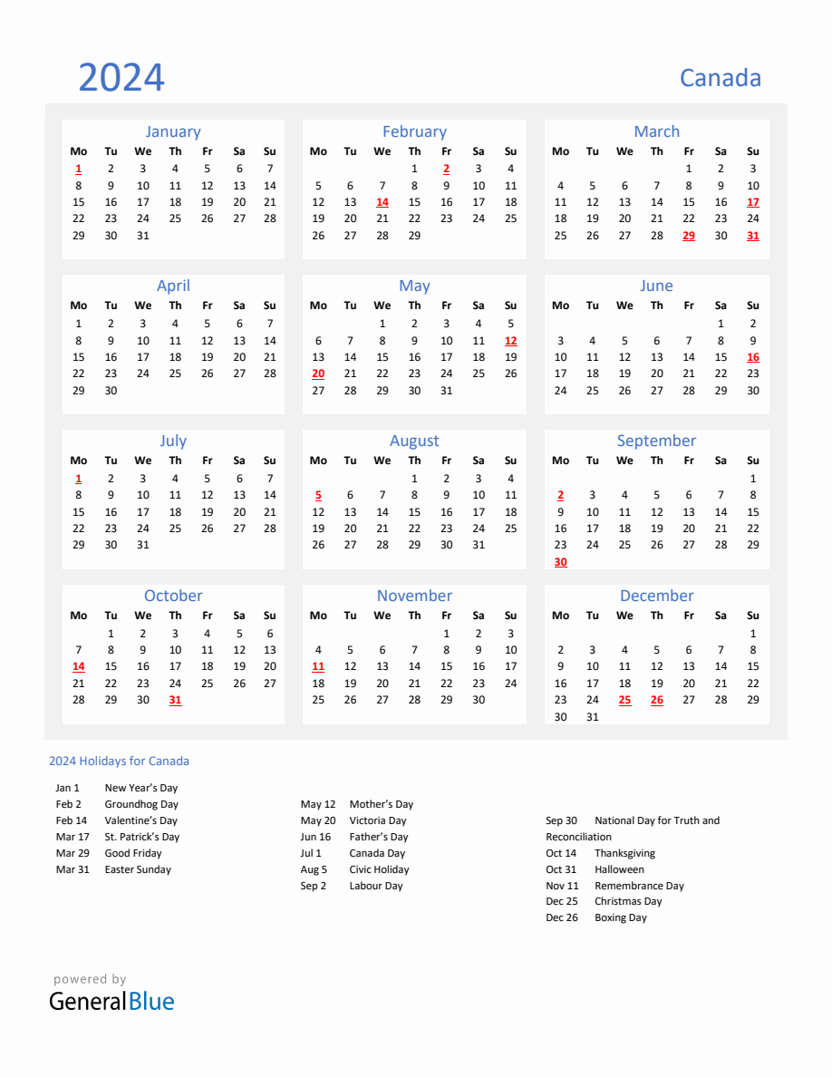 Basic Yearly Calendar with Holidays in Canada for 2024