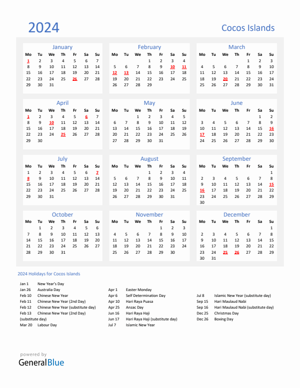 Basic Yearly Calendar with Holidays in Cocos Islands for 2024 