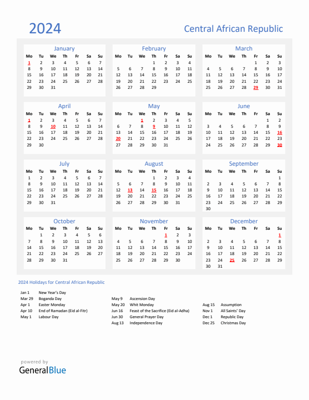 Basic Yearly Calendar with Holidays in Central African Republic for 2024 