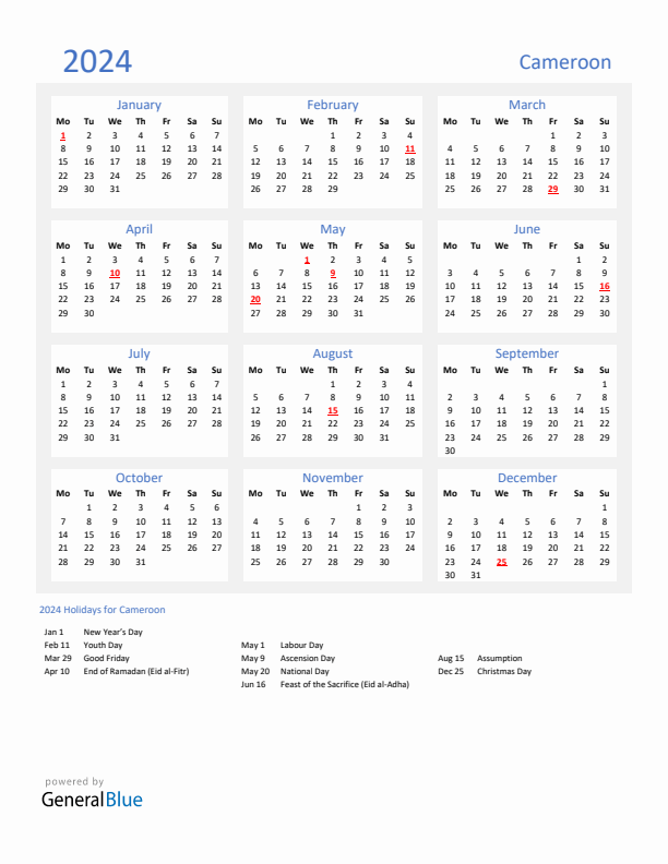 Basic Yearly Calendar with Holidays in Cameroon for 2024 