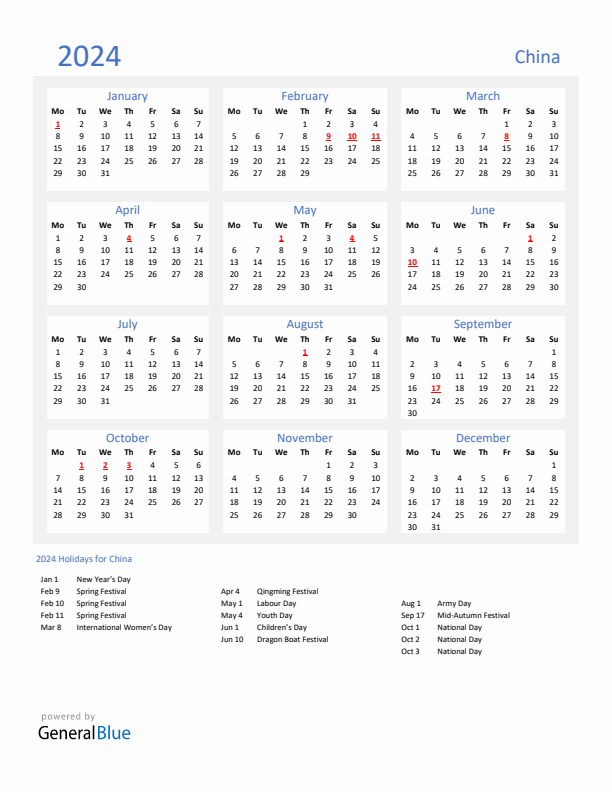 Basic Yearly Calendar with Holidays in China for 2024 