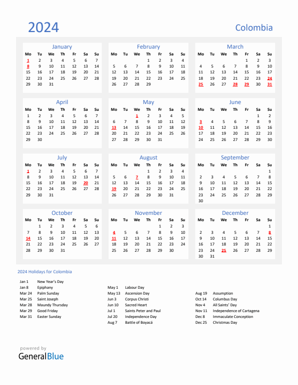 Basic Yearly Calendar with Holidays in Colombia for 2024 