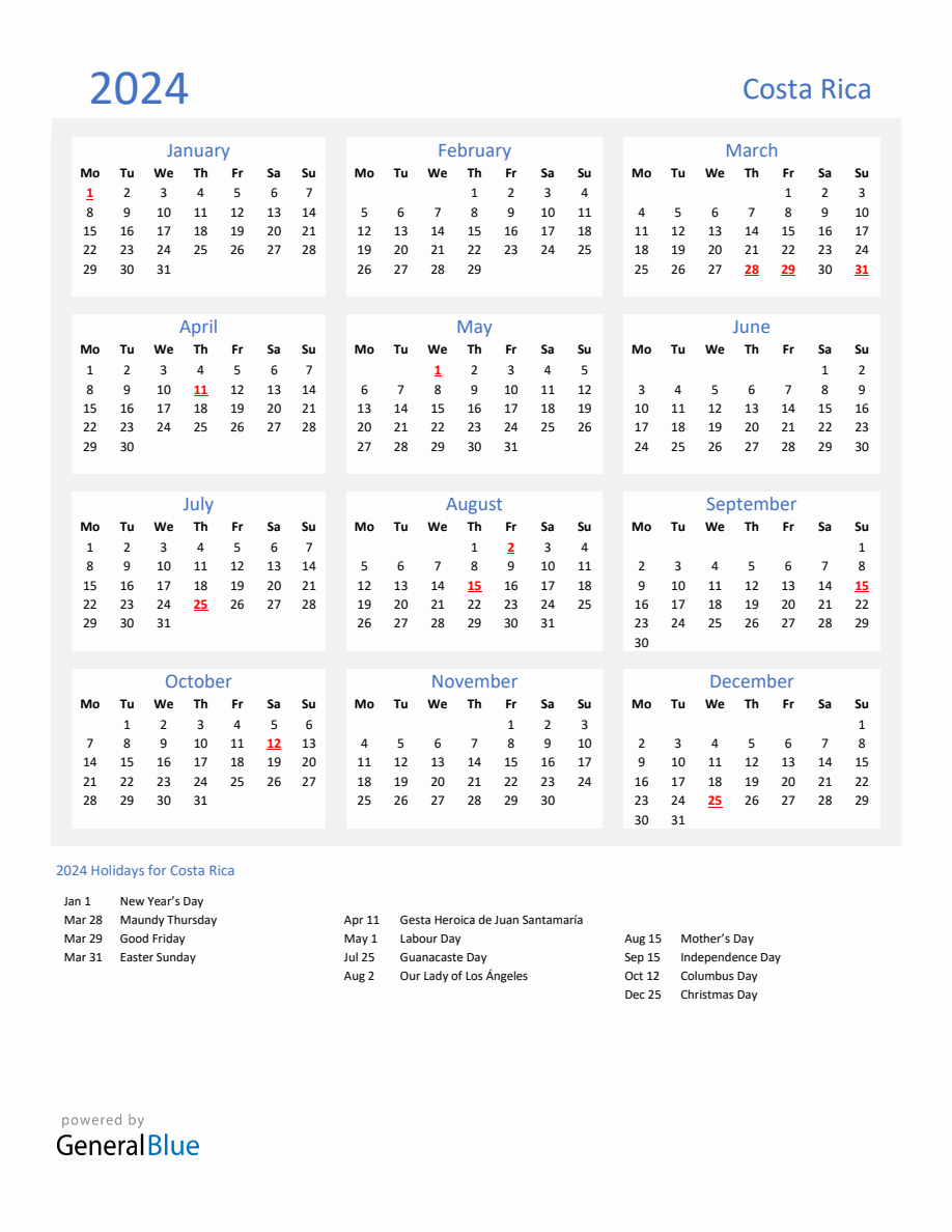 Basic Yearly Calendar With Holidays In Costa Rica For 2024   2024 Calendar Basic With Holidays Portrait Monday Start En Cr 918x1188 