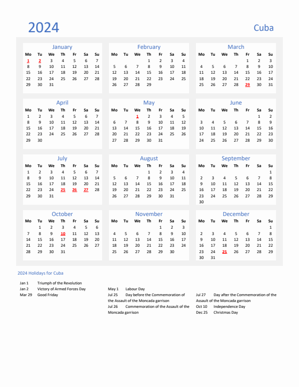 Basic Yearly Calendar with Holidays in Cuba for 2024 