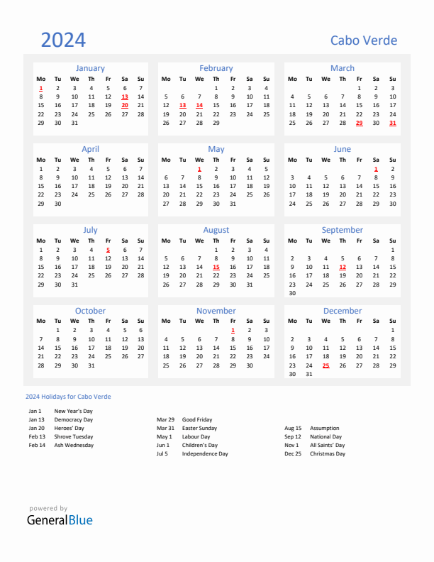 Basic Yearly Calendar with Holidays in Cabo Verde for 2024 