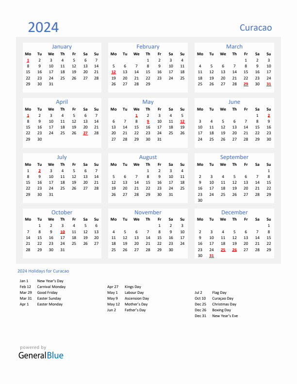 Basic Yearly Calendar with Holidays in Curacao for 2024 