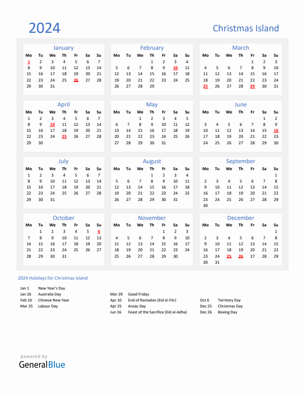 Basic Yearly Calendar with Holidays in Christmas Island for 2024 