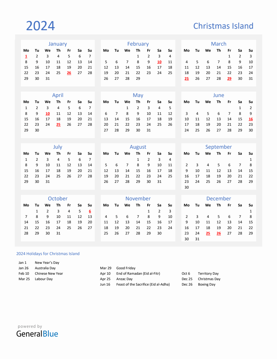 Basic Yearly Calendar with Holidays in Christmas Island for 2024