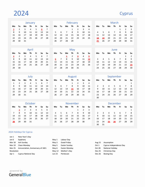 Basic Yearly Calendar with Holidays in Cyprus for 2024 