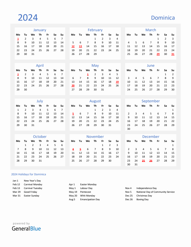 Basic Yearly Calendar with Holidays in Dominica for 2024 
