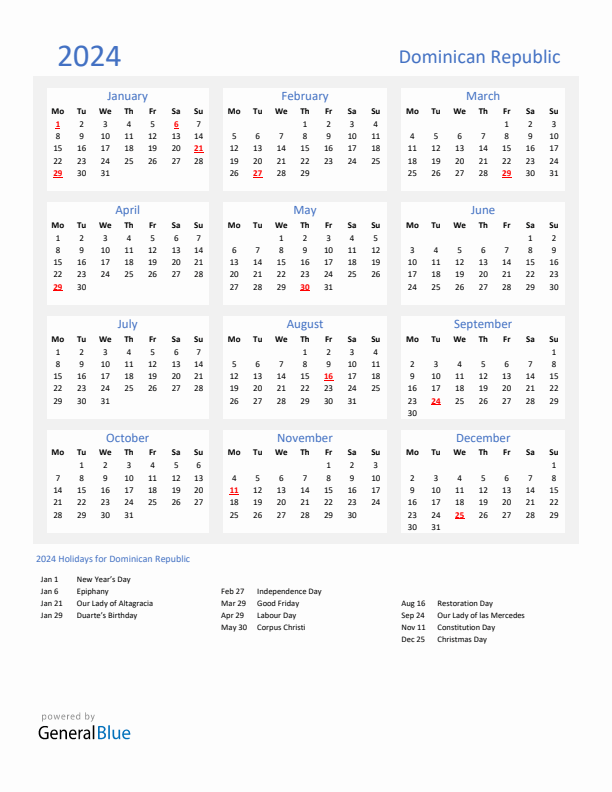 Basic Yearly Calendar with Holidays in Dominican Republic for 2024 